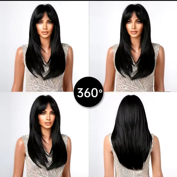 Dark Black Layered High-quality Synthetic Long Straight Wig - Picture 6 of 7